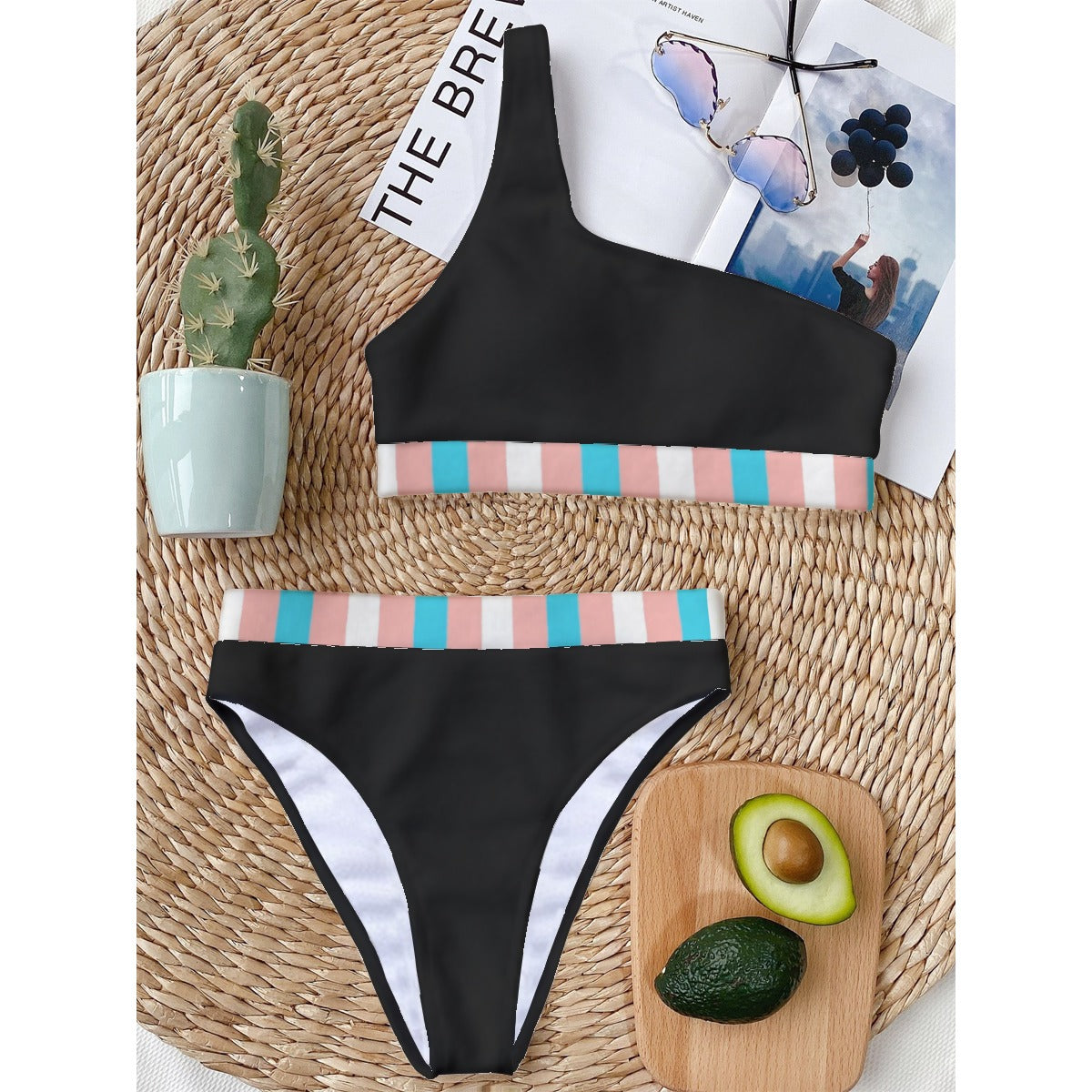 Trans Colored Trans Pride Candy Striped Detail Black Single Shoulder Bikini