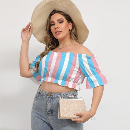 Plus Size Trans Coloured Pride Candy Striped Off-Shoulder Cropped Top With Short Puff Sleeve