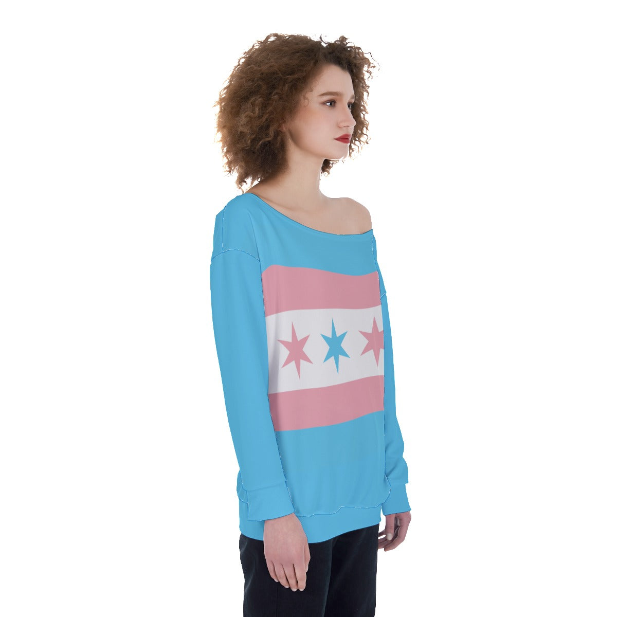 Teen - Plus Size Blue Pink White Trans Chicago Pride Off-Shoulder Sweatshirt