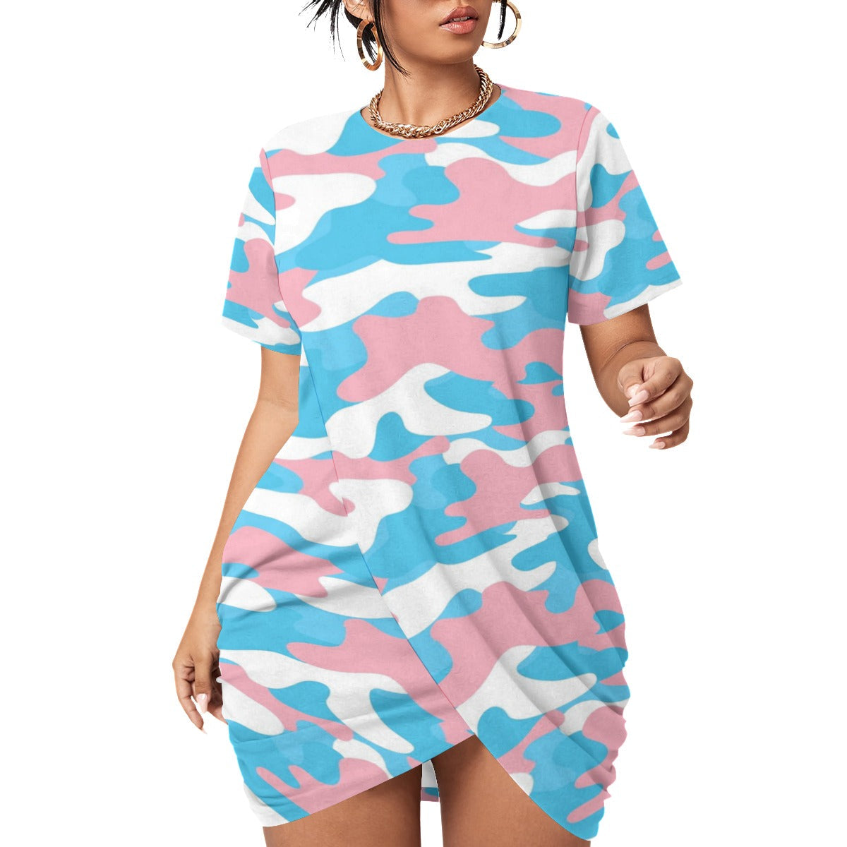 Plus Size Trans Coloured Camouflage Stacked Hem Short-Sleeved T-Shirt Dress