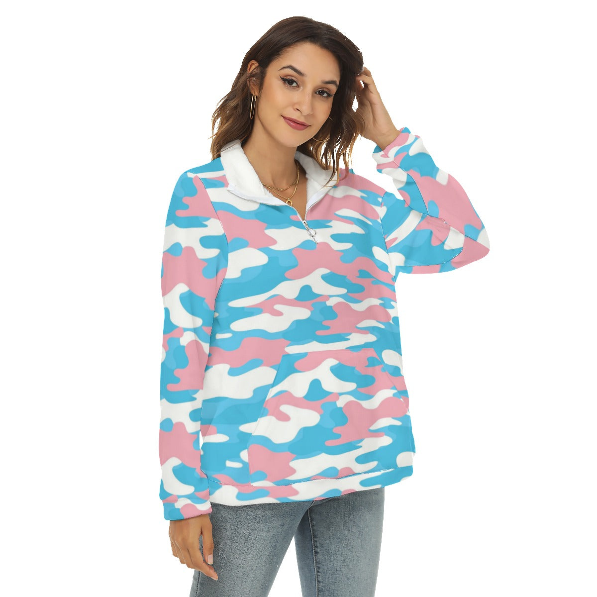 Blue Pink White All-Over Camouflage Pride Print Borg Fleece Sweatshirt