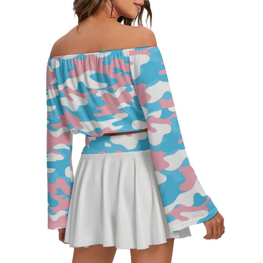 Blue Pink White All Over Pride Camouflage Off-Shoulder Top & Skater Skirt Set