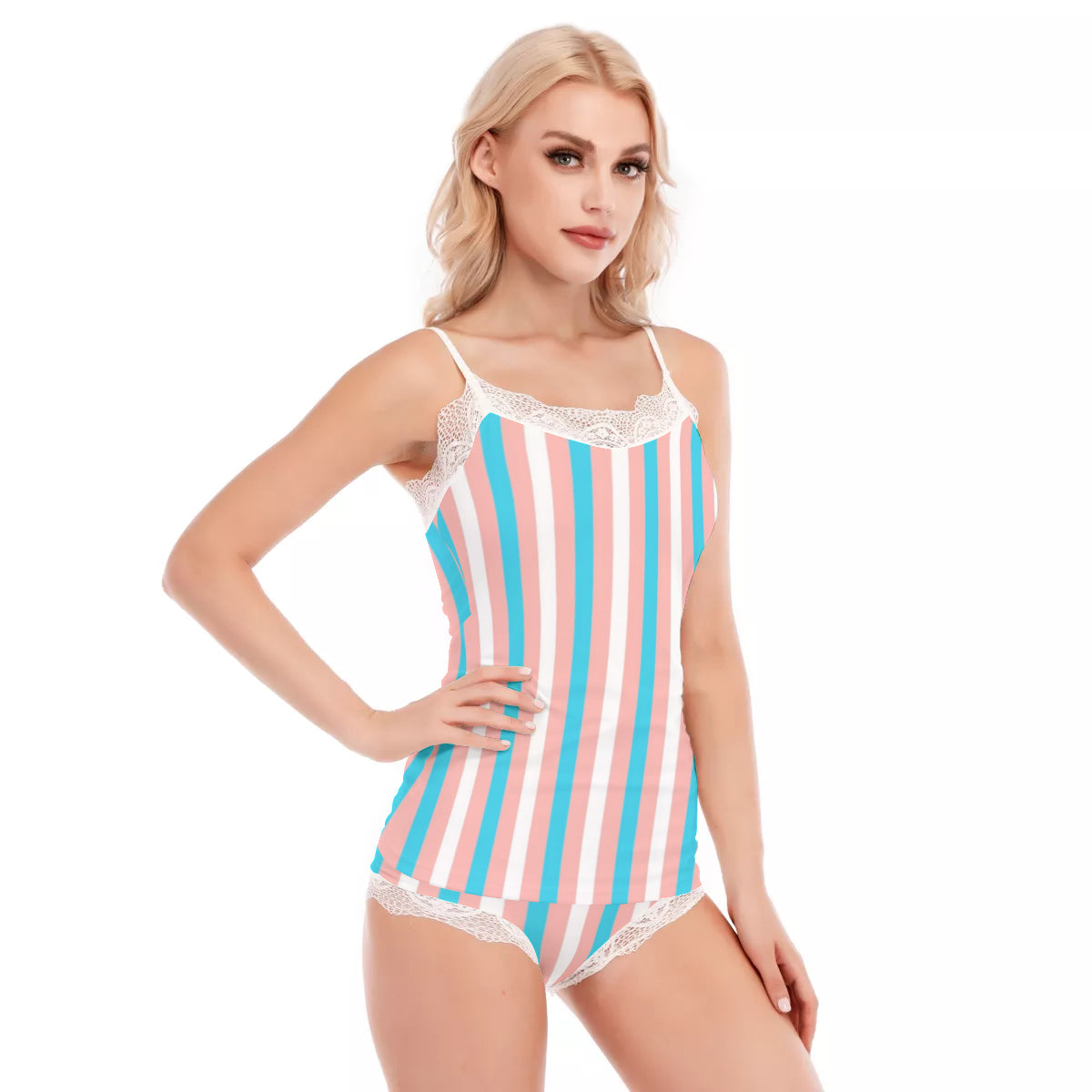 Blue Pink White Pride Candy Striped Lace-Trimmed Camisole Negligee Set