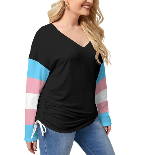 All-Over Print Women’s V-neck T-shirt With Side Drawstring(Plus Size)