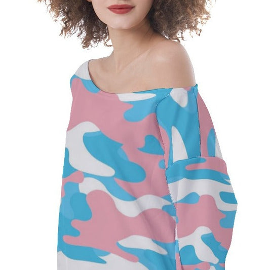 Teen - Plus Size Blue Pink White Trans Pride Camouflage Off-Shoulder Sweatshirt
