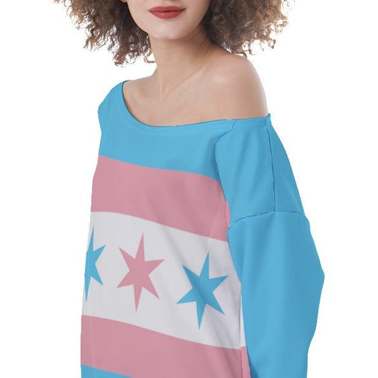 Teen - Plus Size Blue Pink White Trans Chicago Pride Off-Shoulder Sweatshirt