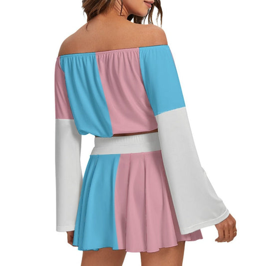 Blue Pink White Vive Le Paris Pride Off-Shoulder Top & Skater Skirt Set