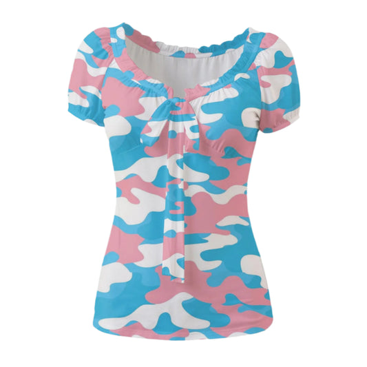 S-5XL Pride Camouflage Puff Sleeve Pleated Shirt