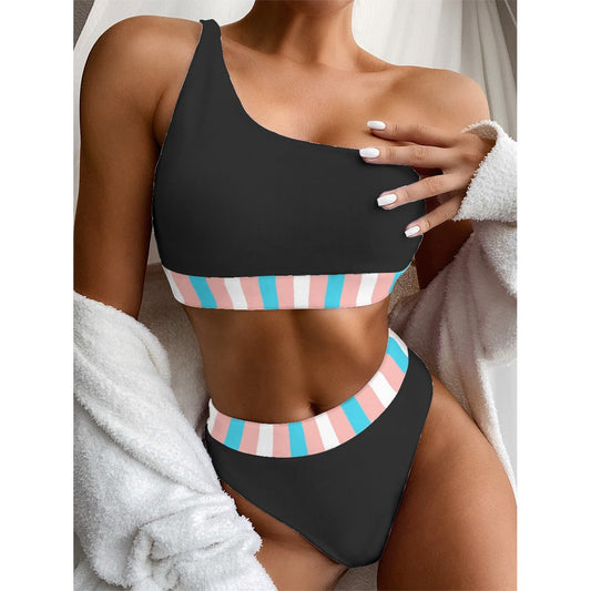 Trans Colored Trans Pride Candy Striped Detail Black Single Shoulder Bikini