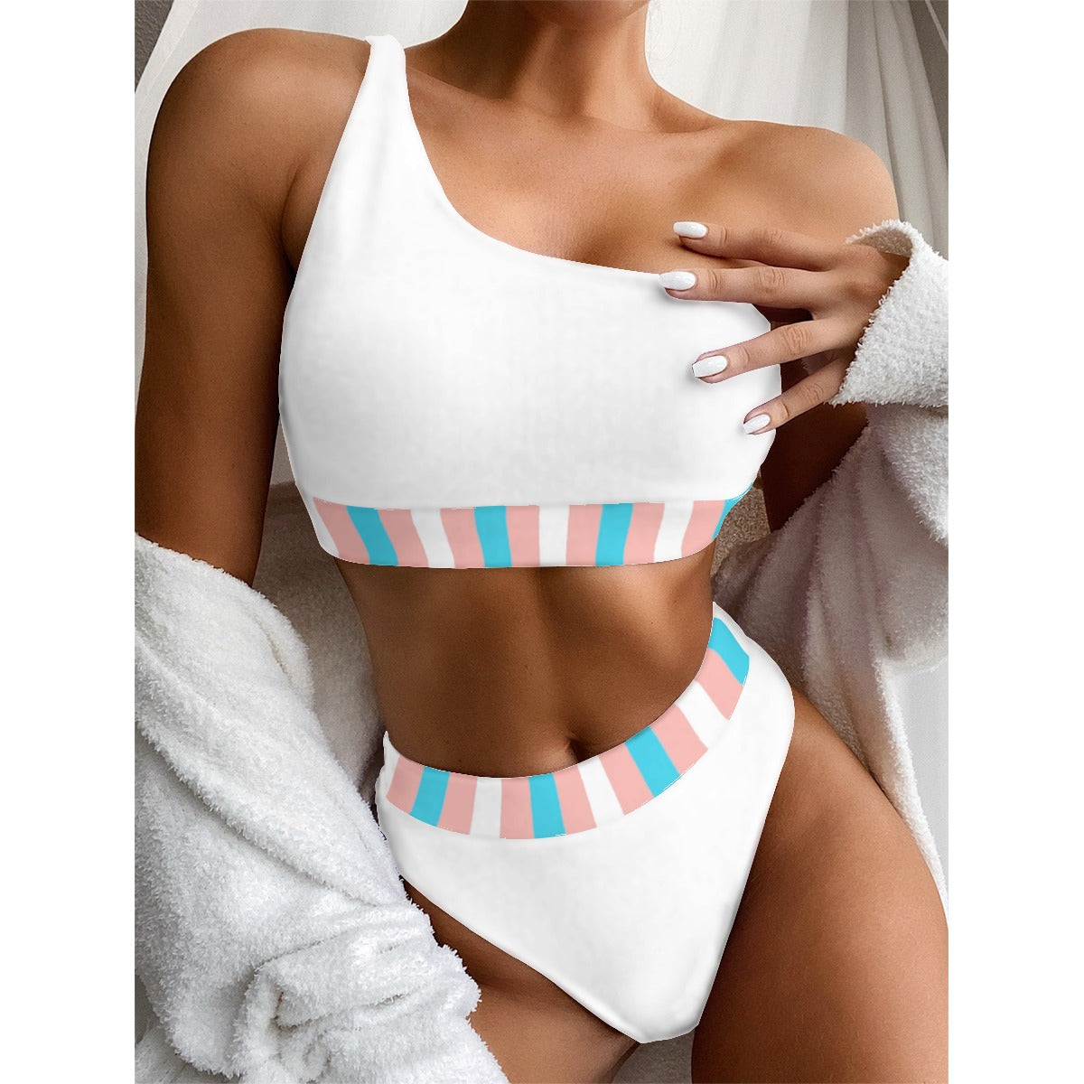 Trans Colored Trans Pride Candy Striped Detail White Single Shoulder Bikini