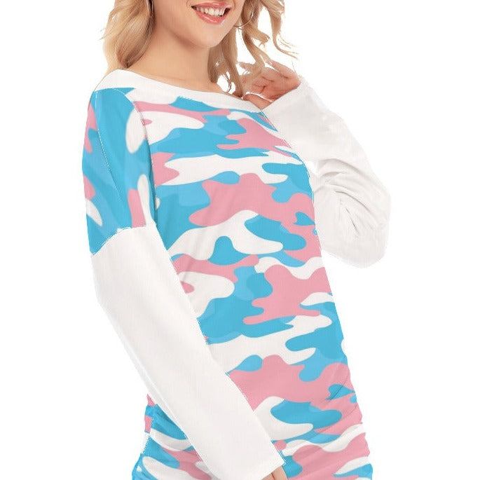 Blue Pink White Teen All-Over Trans Camouflage Off-Shoulder Ruched Hip Dress