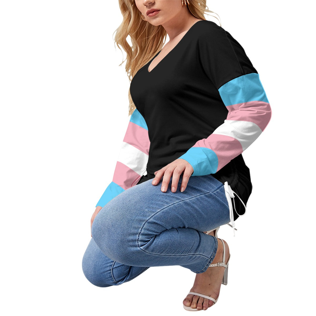 All-Over Print Women’s V-neck T-shirt With Side Drawstring(Plus Size)