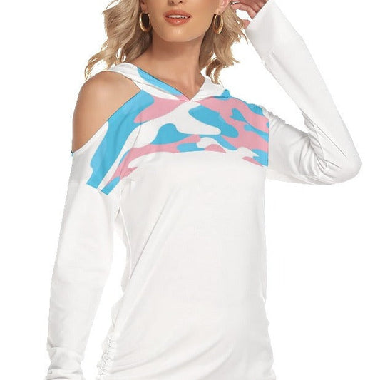 Blue Pink White Hooded All Over Transcolors Camoflage/White One-Shoulder Dress