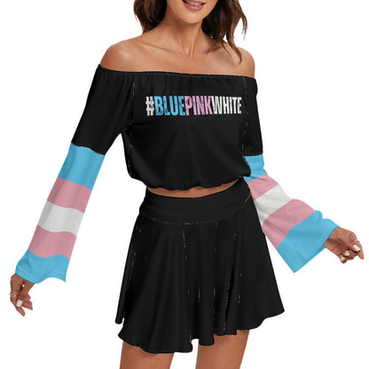 Blue Pink White Hashtag Series Trans Pride Black Off-Shoulder Top & Skater Skirt Set