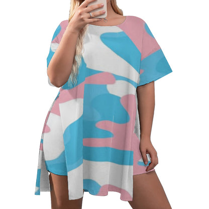 Plus Size Blue Pink White Pride Camouflage Drop-Sleeve Split-Sided T-Shirt and Shorts Set
