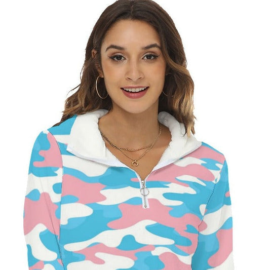 Blue Pink White All-Over Camouflage Pride Print Borg Fleece Sweatshirt