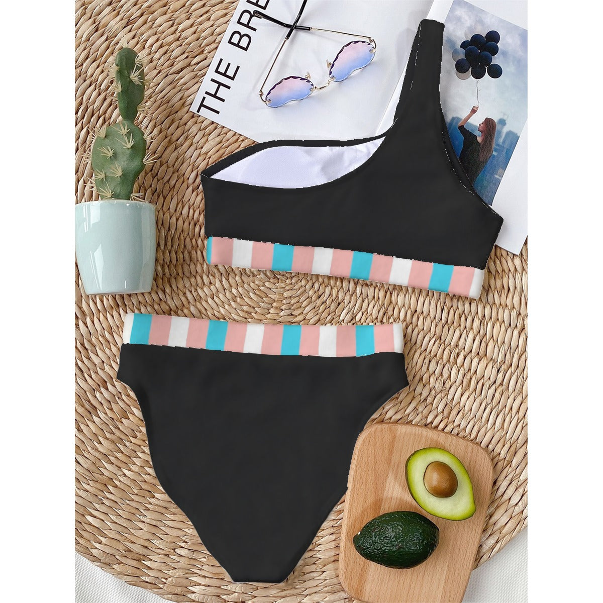 Trans Colored Trans Pride Candy Striped Detail Black Single Shoulder Bikini