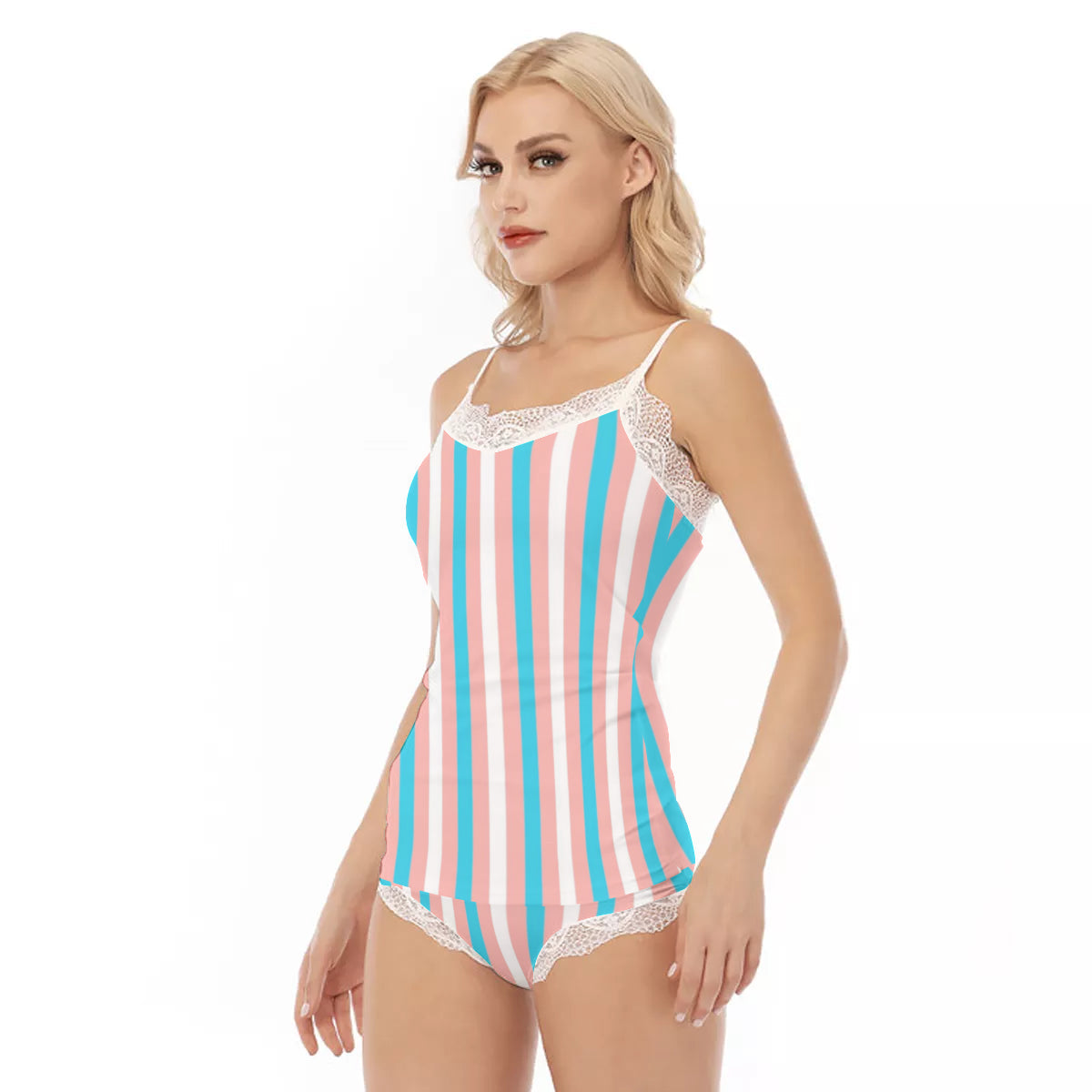 Blue Pink White Pride Candy Striped Lace-Trimmed Camisole Negligee Set