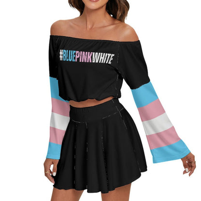 Blue Pink White Hashtag Series Trans Pride Black Off-Shoulder Top & Skater Skirt Set