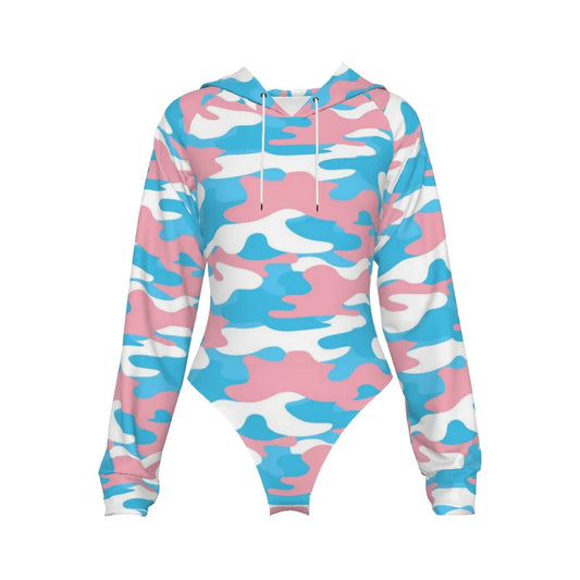 Teen Trans Pride Camouflage Raglan Sleeve Hooded Bodysuit