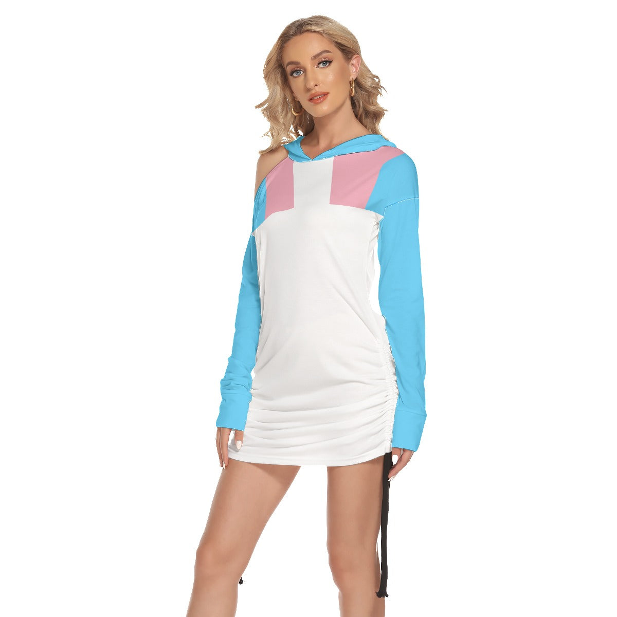 Blue Pink White Hooded All Over Transcolors Pride One-Shoulder Dress