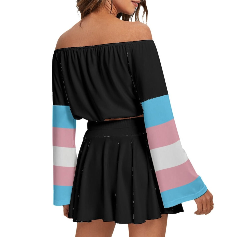 Blue Pink White Hashtag Series Trans Pride Black Off-Shoulder Top & Skater Skirt Set