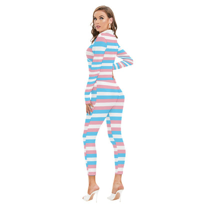 Trans Coloured Pride Ribbon Cross-Body Zipped Bodyform Catsuit