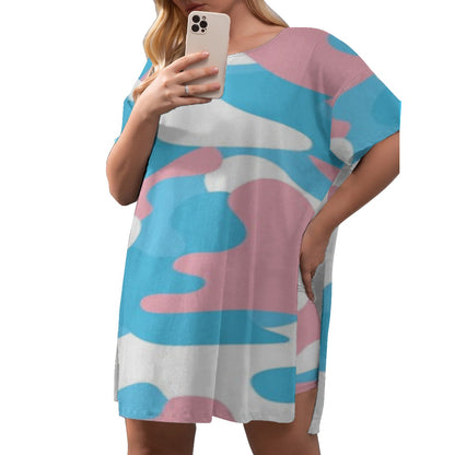 Plus Size Blue Pink White Pride Camouflage Drop-Sleeve Split-Sided T-Shirt and Shorts Set