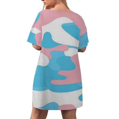 Plus Size Blue Pink White Pride Camouflage Drop-Sleeve Split-Sided T-Shirt and Shorts Set