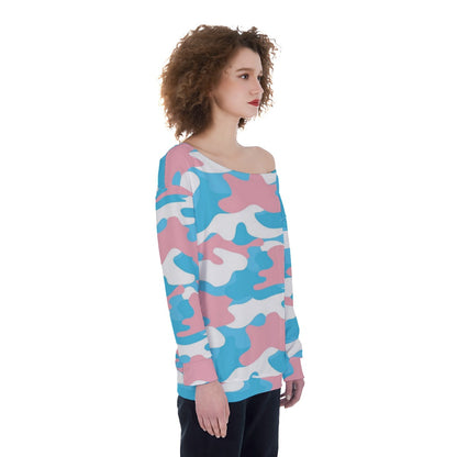 Teen - Plus Size Blue Pink White Trans Pride Camouflage Off-Shoulder Sweatshirt