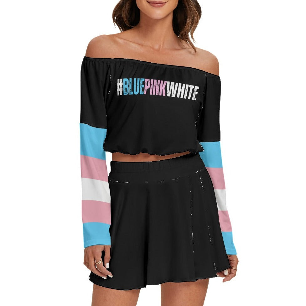 Blue Pink White Hashtag Series Trans Pride Black Off-Shoulder Top & Skater Skirt Set