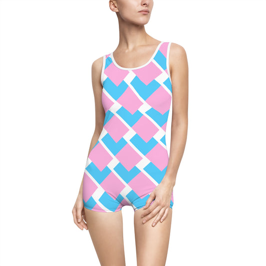 XS - 3XL Blue Pink White Pride Jazz 40s Vintage Style White Swimsuit