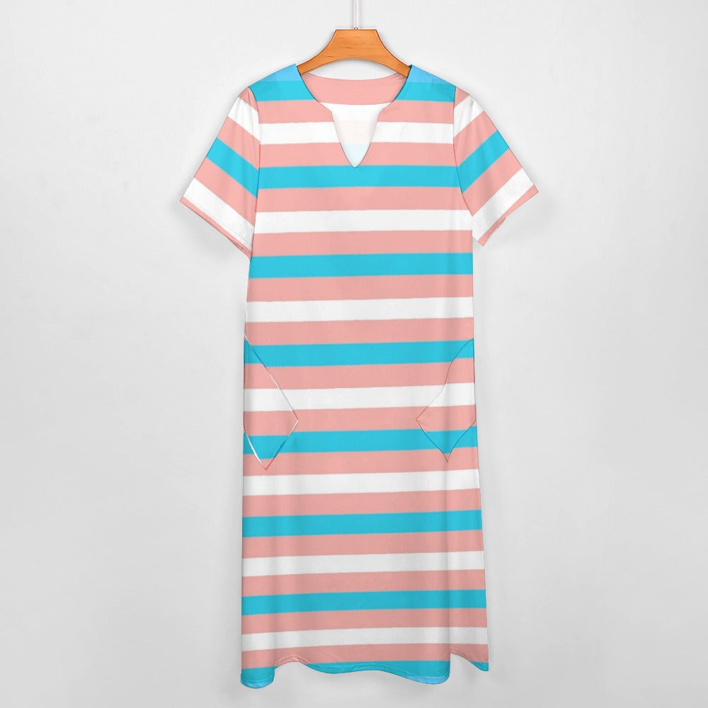 Plus Size Blue Pink White Short-Sleeve Boho Style Dress