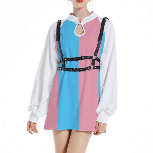 Plus Size Blue Pink White Trans Pride Trumpet Sleeved Cheongsam Elegant Above-the-Knee Dress