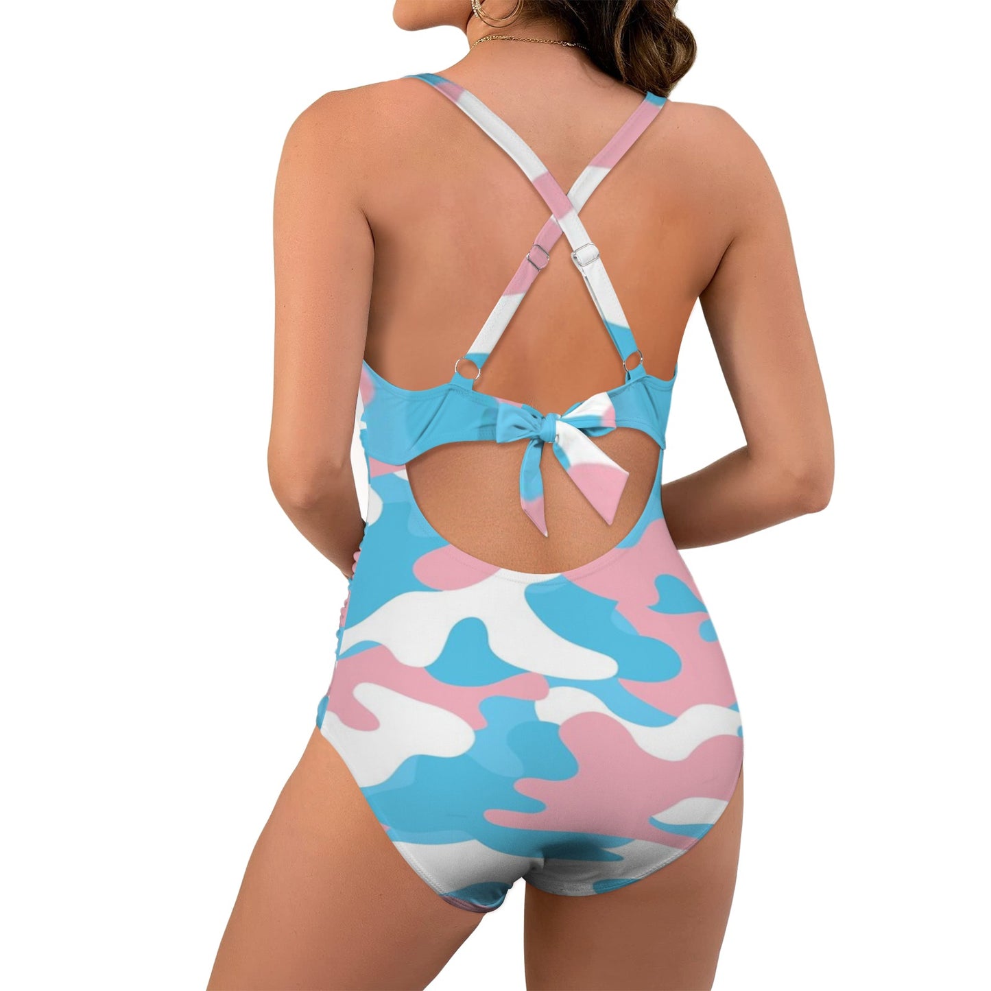 Blue Pink White Pride Camouflage Twist Fronted Swimsuit