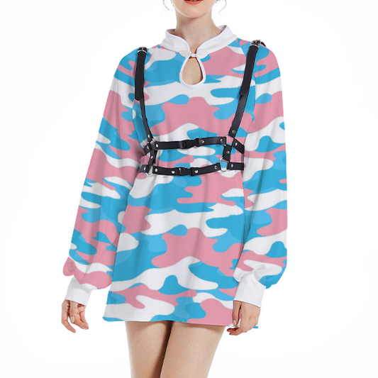 Plus Size Blue Pink White Pride Camouflage Trumpet Sleeved Cheongsam Elegant Above-the-Knee Dress