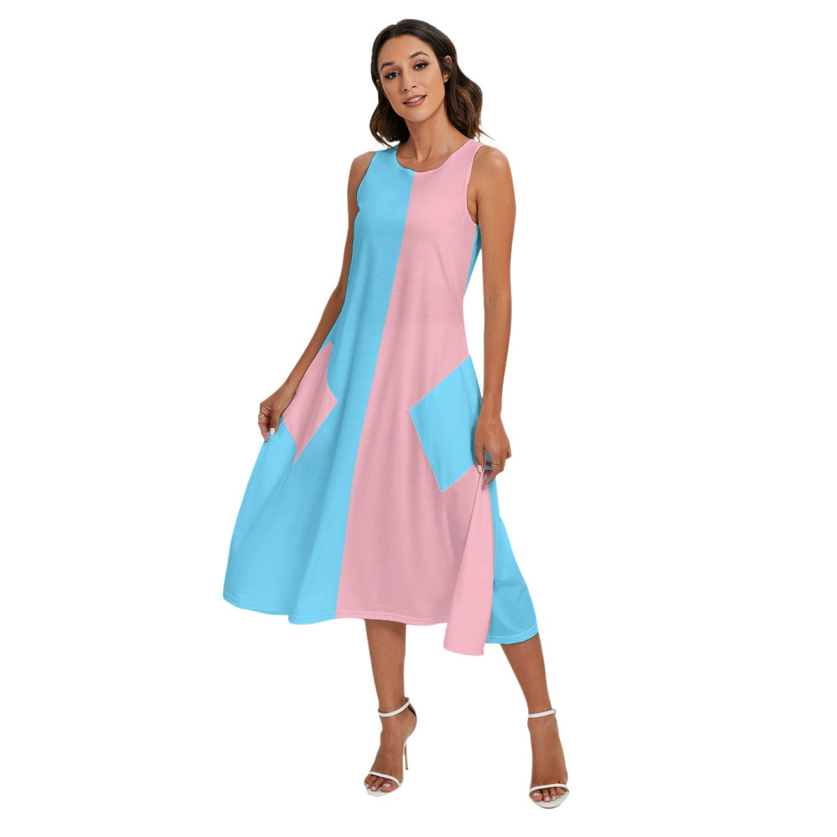 Blue Pink White All Over Paris Pride Long Sleeveless Pocket Dress tunnellsCo.