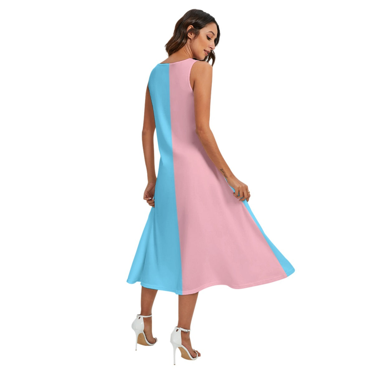 Blue Pink White All Over Paris Pride Long Sleeveless Pocket Dress tunnellsCo.