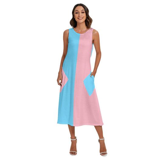 Blue Pink White All Over Paris Pride Long Sleeveless Pocket Dress tunnellsCo.