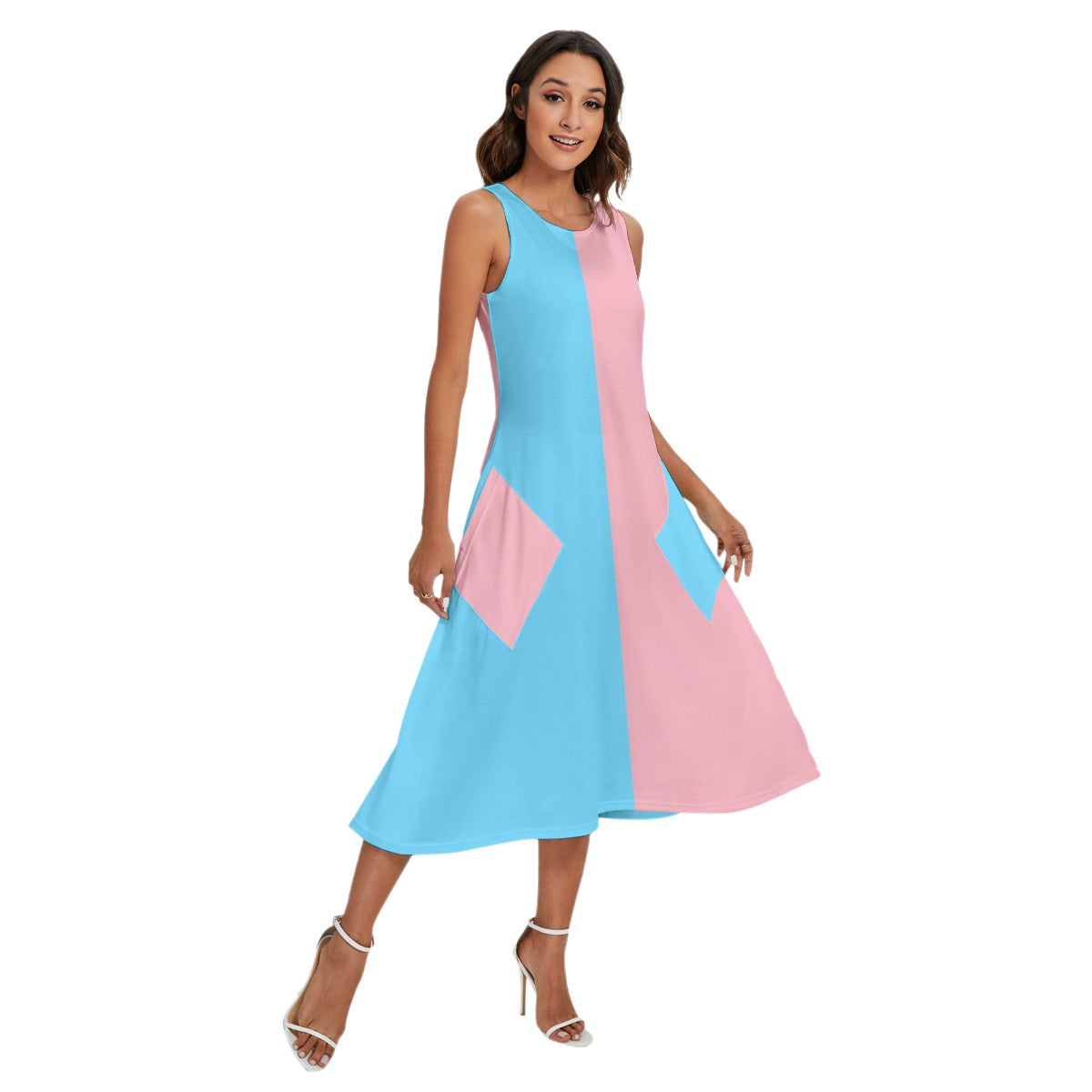 Blue Pink White All Over Paris Pride Long Sleeveless Pocket Dress tunnellsCo.