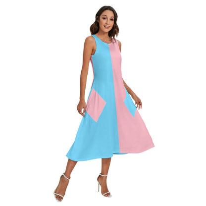 Blue Pink White All Over Paris Pride Long Sleeveless Pocket Dress tunnellsCo.