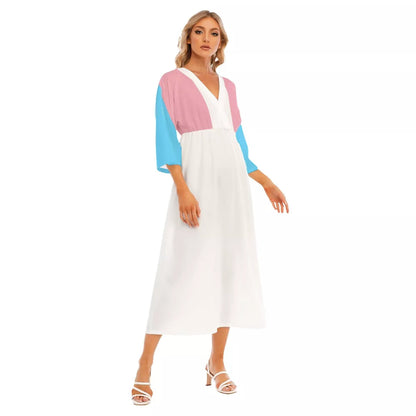 Blue Pink White All Over Pride 3/4 Sleeved Long Loose Dress tunnellsCo.