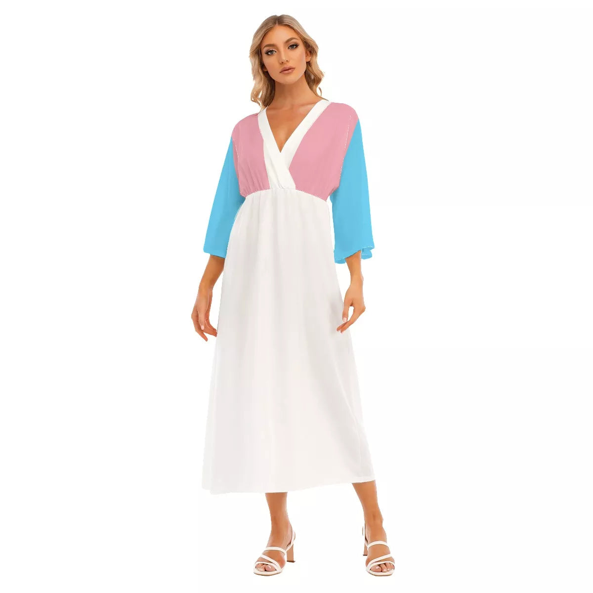 Blue Pink White All Over Pride 3/4 Sleeved Long Loose Dress tunnellsCo.