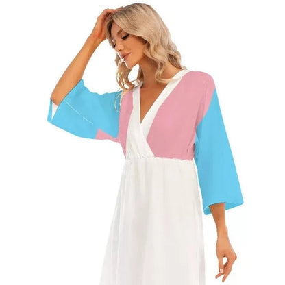 Blue Pink White All Over Pride 3/4 Sleeved Long Loose Dress tunnellsCo.