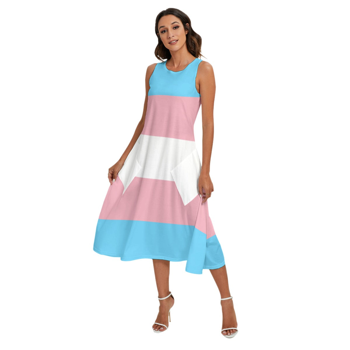 Blue Pink White All Over Pride Long Sleeveless Pocket Dress tunnellsCo.