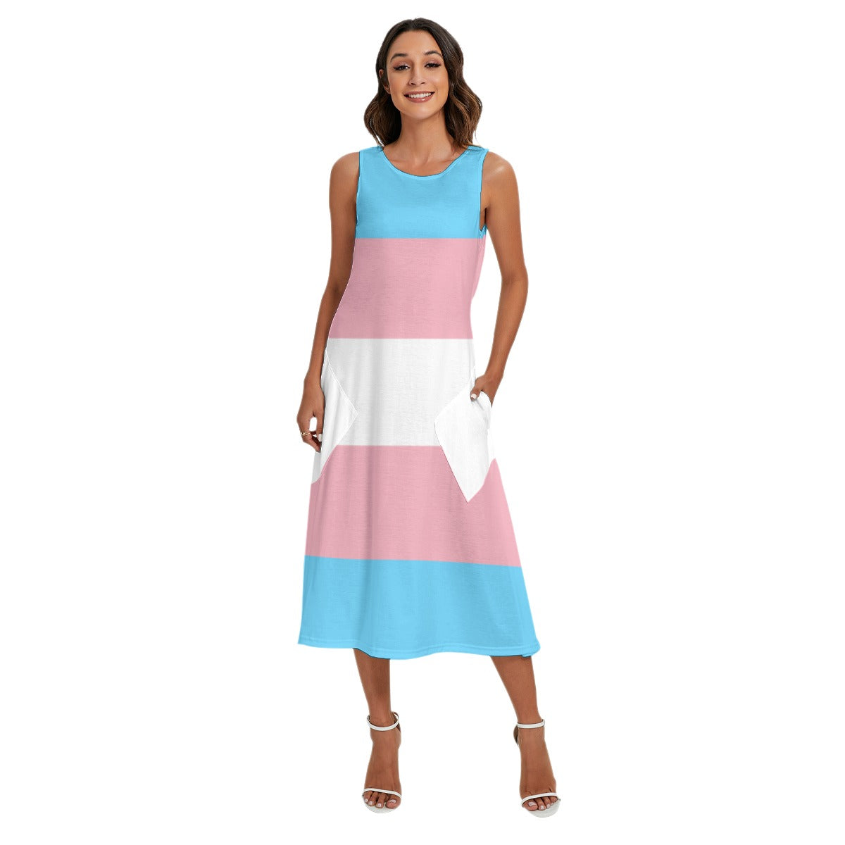 Blue Pink White All Over Pride Long Sleeveless Pocket Dress tunnellsCo.