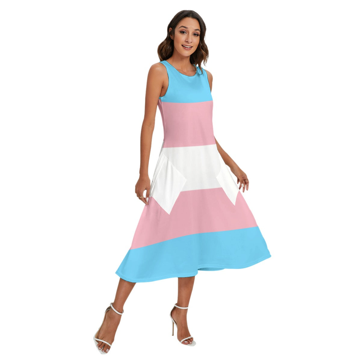 Blue Pink White All Over Pride Long Sleeveless Pocket Dress tunnellsCo.