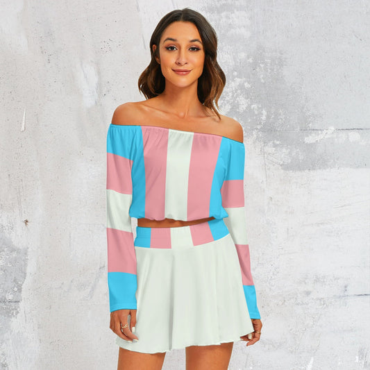 Blue Pink White All Over Pride Off-Shoulder Top & Skater Skirt Set tunnellsCo.