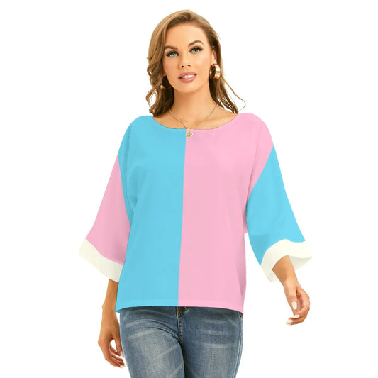 Blue Pink White All-Over Vive l'Paris Pride Turned-Up Cuff Sleeve Blouse tunnellsCo.