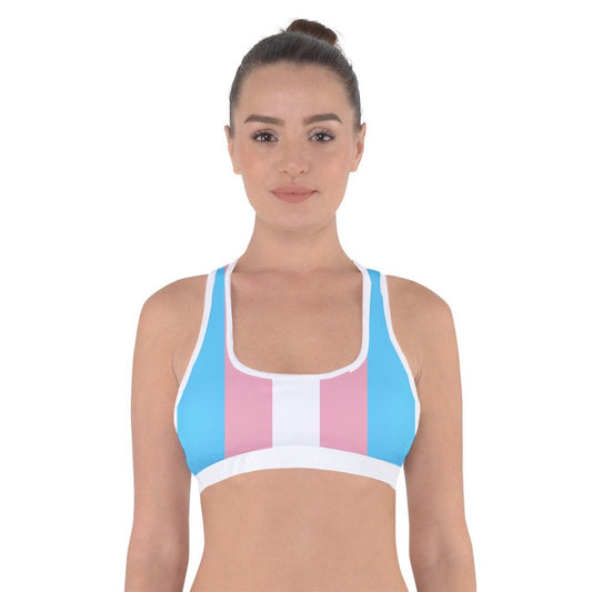 Trans Colours Criss-Cross Back Sports Fitness Bra Trans Apparel and Gift Ideas for Transwomen and Friends